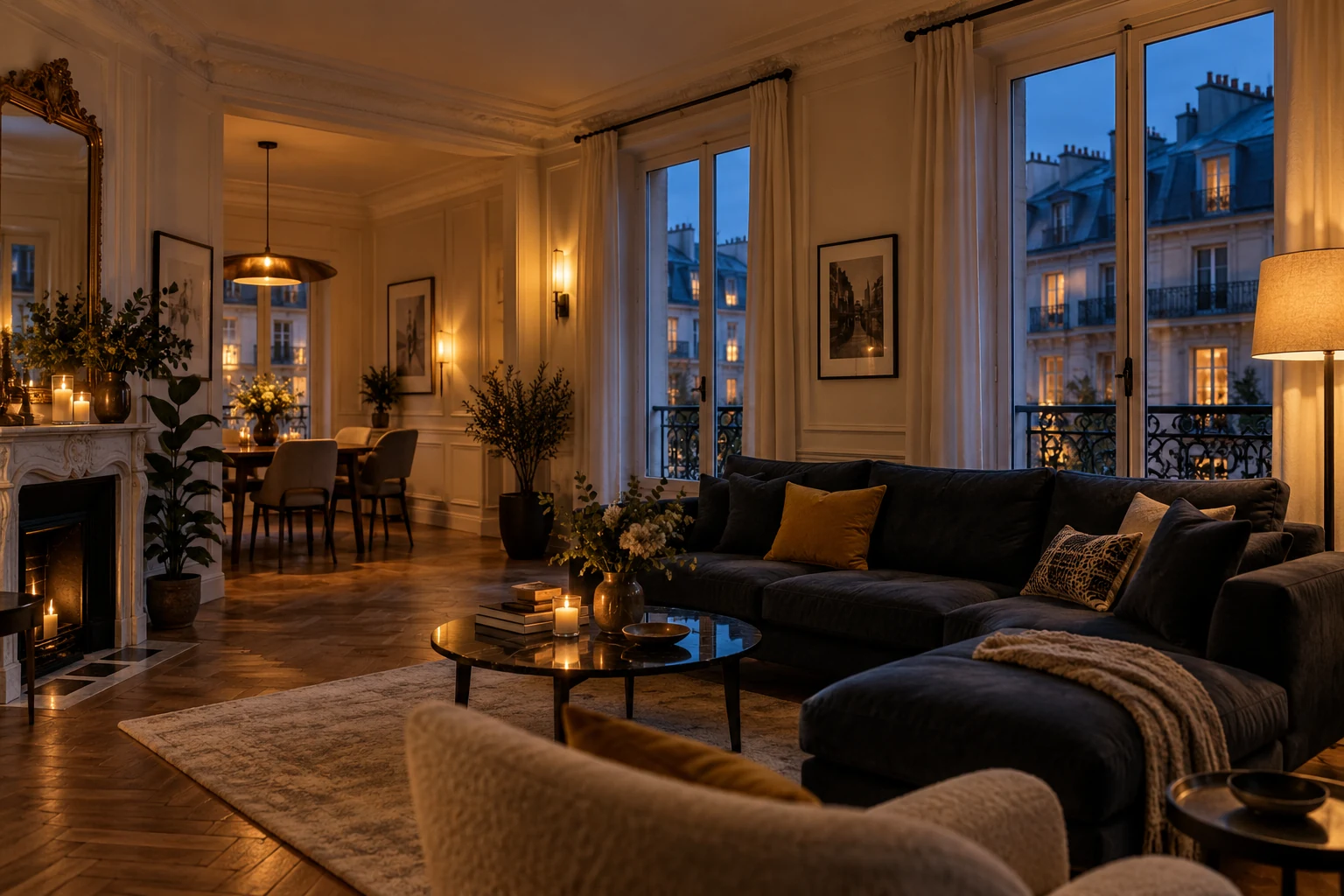Ambiance d’un appartement parisien éclairé à la tombée du jour — illustration