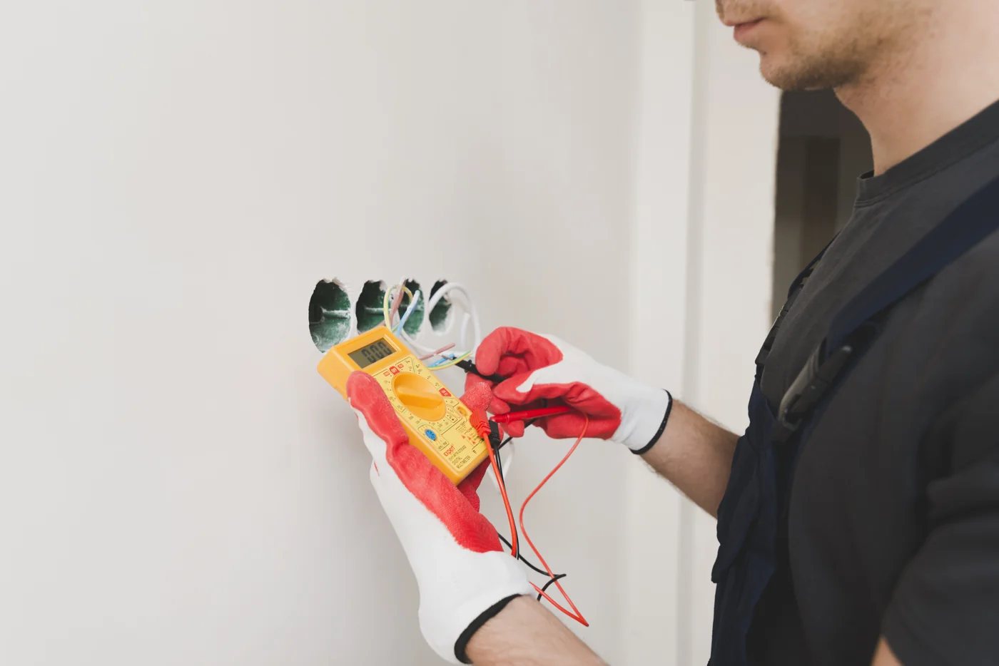 Un électricien contrôle la tension avec un multimètre — photo d’illustration